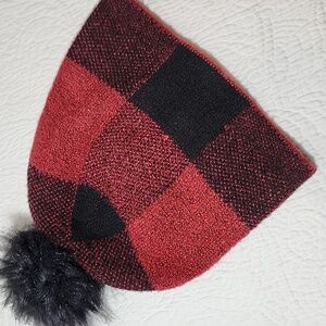 Christian Siriano Women's Red and Black Plaid with Faux Fir Pom Pom